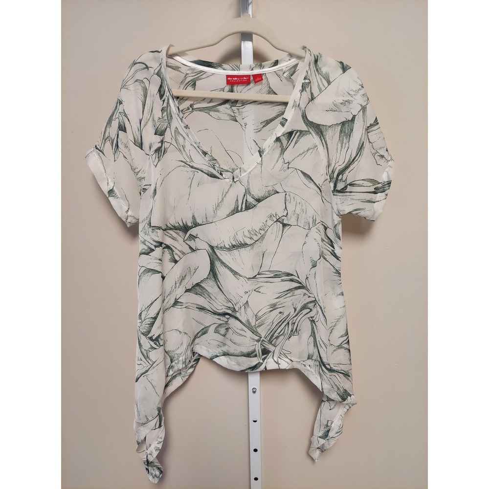 New York & Company Tropical Leaf Print Chiffon Sheer Blouse Botanical Resortwear